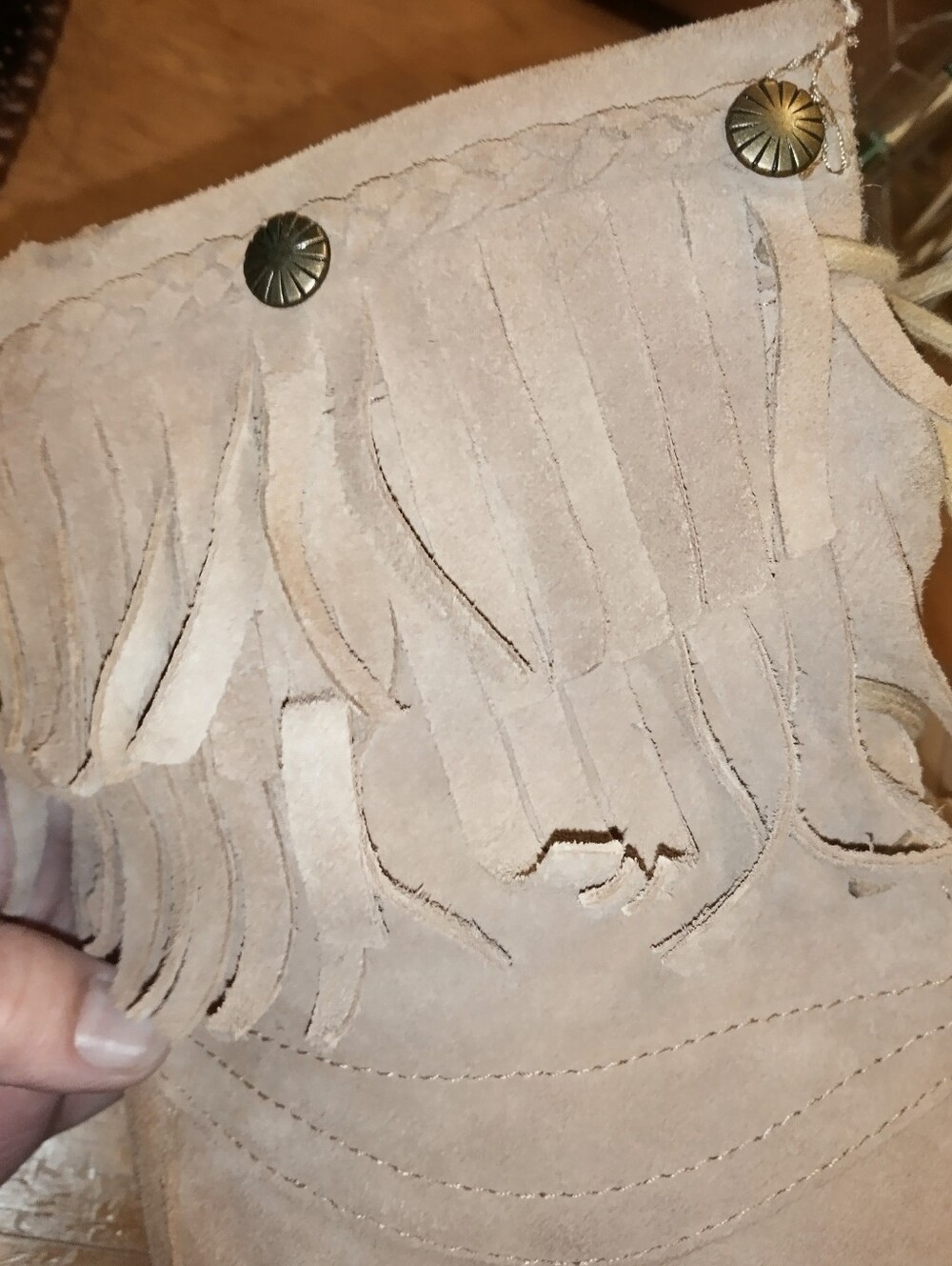 Bucco Fringe Leather Suede Moccasin Boots in Tan With Gold Stud Rubber Soles~10
